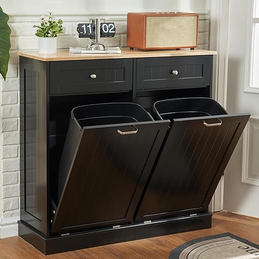 AHB Double Tilt Out Trash Can Cabinet Hidden Kitchen Trash Can, 2x13 Gallons Freestanding Recycling Cabinet with Hideaway Drawers Pet Proof Trash Can for Kitchen Living Room, Black
