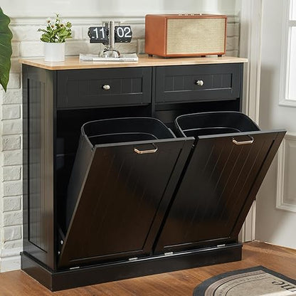 AHB Double Tilt Out Trash Can Cabinet Hidden Kitchen Trash Can, 2x13 Gallons Freestanding Recycling Cabinet with Hideaway Drawers Pet Proof Trash Can for Kitchen Living Room, Black