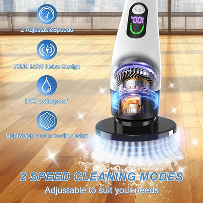 Electric Spin Scrubber with Power LCD Display, Cordless Bathroom Cleaning Brush with Adjustable Extension Handle, 400RPM/Mins, 9 Replaceable Brush Heads, IPX7 Waterproof for Shower, Bathtub, Tile