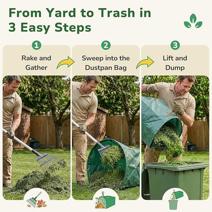 GreatBuddy Leaf Rake and Leaf Bags Combo, Adjustable Metal Garden Rake 29''-72'' 11Tines, 2 Pack 72 Gallon Reusable Yard Waste Bags, Heavy Duty Lawn Rake with Dustpan Leaf Collector for Yard Cleanup