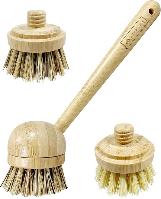 JuneLily Long Coconut Dish Brush Plant-Based Vegan for Kitchen Bathroom Cleaning Produce Washing Dishes (Long Dish Brush & Sisal & Coconut Brush Head)