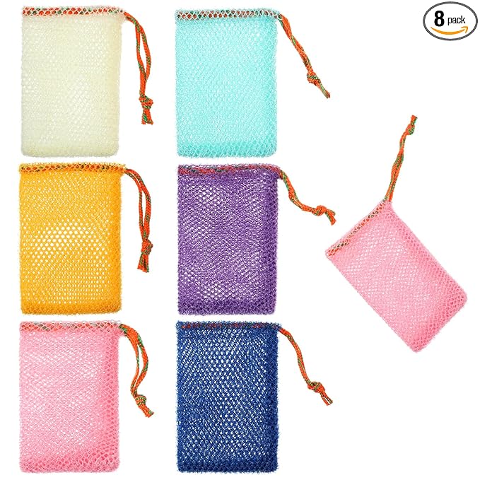 Sibba 8pcs Bar Soap Pouch Saver Pocket Drawstring Exfoliating Mesh Soap Saver Sack Foaming Bag Bubble Foam Net Body Scrubber Sponge Exfoliator Loofah Facial Cleaning for Bath Shower (Multicolor)