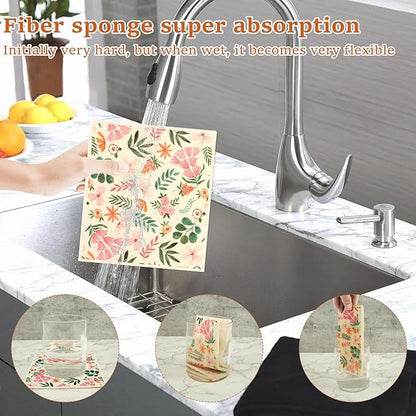 5Pcs Swedish Dishcloths for Kitchen, Quick-Drying Reusable Paper Towels, Absorbent Washable Kitchen Dish Rags, Soft Cellulose Sponge Cloths for Countertop Sink Flower Bird (5pcs Flowers)