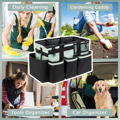SCAVATA Wearable Cleaning Caddy, Cleaning Caddy Supplies Organizer with Handle & Shoulder Straps for Housekeepers, Under Sink & Car Cleaning Tool Organizers Bag with 4 Foldable Divider (Celadon)