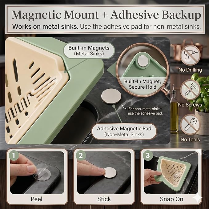 Magnetic Drainage & Filter Basket, Triangular Sink Strainer with Twist-Open Bottom, triangular drain magnetic basket, corner sink strainer for food scraps (White And Green Interwoven)