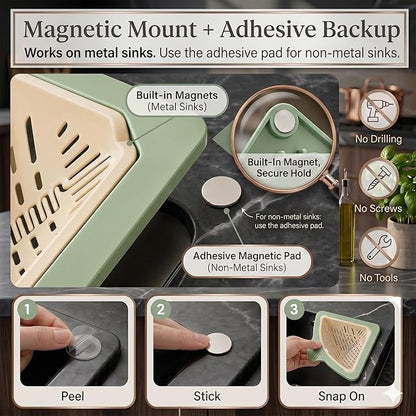 Magnetic Drainage & Filter Basket, Triangular Sink Strainer with Twist-Open Bottom, triangular drain magnetic basket, corner sink strainer for food scraps (White And Green Interwoven)