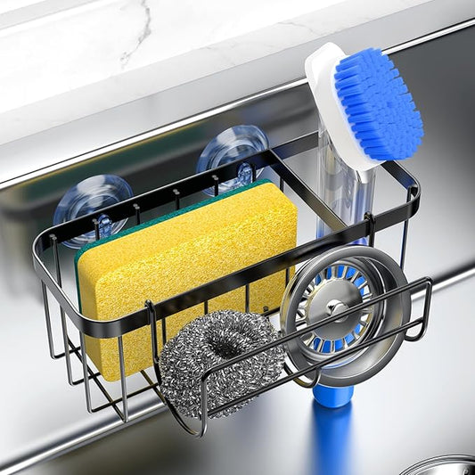 3-in-1 Kitchen Sink Caddy Organizer with Sponge Holder, Brush Holder, Extra Rack for Scrubber, Sink Stopper, Dish Cloth Hanger - Strong Dual Suction Cup, 2.0mm SUS304 Stainless Steel - Black