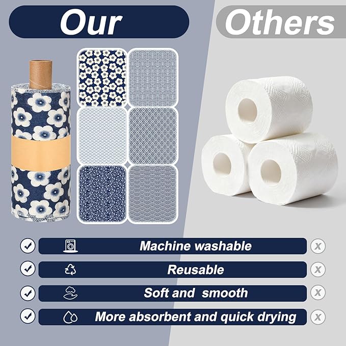 Redbaker 18 Pcs Reusable Paper Towels Rolls Towels Bulk Kitchen Washable Paperless Cloth Cotton Hand Napkins with Cardboard Reusable Napkins for Kitchen Bathroom (Geometric Style)