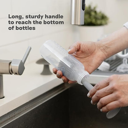 ezpz Bottle Brush (Gray) - Odor-Resistant Silicone Cleaning Tool with Long Sturdy Handle and Suction Base - Flexible Top for Tight Spaces - Gently Cleans Cups, Glasses, Bottles and Accessories