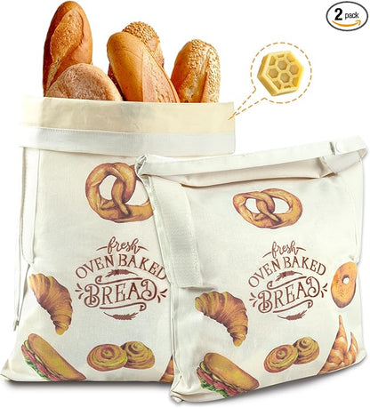 Reusable Beeswax Bread Bags for Homemade Bread Sourdough, 2 Packs of Beeswax Lined Large Space Bags for Sourdough, Keep Homemade Bread Fresh and Flavorful