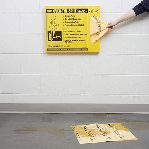 Rubbermaid Commercial Products Over the Spill Pad Station Kit Absorbent Mat Pads Yellow Large Fast at Absorbing Water/Oil/Beverages For Residential/Commercial/Restaurant/Office/Facility Use