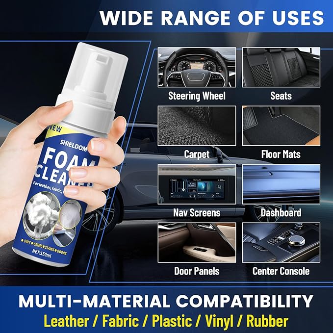 SHIELDOM Car Interior Cleaner Kit Multifunctional Car Seat Foam Cleaner Powerful Carpet Upholstery Stain Remover with Detailing Brush & Towel Safe for Cloth, Leather, Fabric, Vinyl & Plastic 5oz