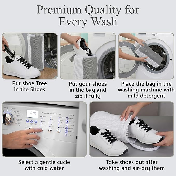 Shoe Washing Machine Bag with Shoe Trees and Deodorizer Bags, 2 Pcs Cylindrical Sneaker Laundry Bag for Washer and Dryer, 360 Deep Cleaning Shoe Washing Bag with Zipper, All Shoe Sizes, White