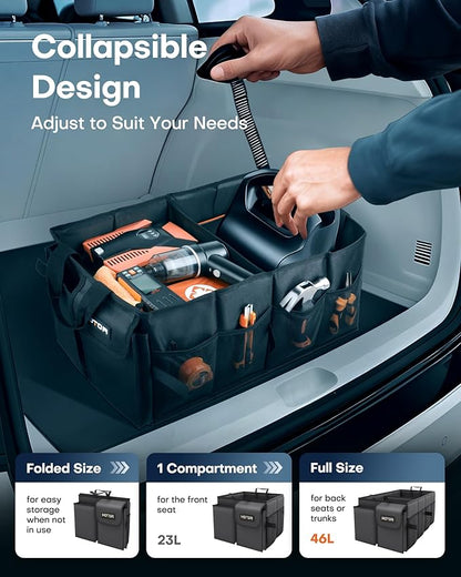 HOTOR Trunk Organizer - Car Organizer, Foldable Trunk organizer for SUVs & Sedans, Sturdy Car Organization for Car Accessories, Tools, Sundries, Black, 2 Compartments, 21.3"×12.6"×10.6"