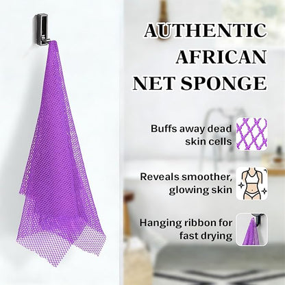 African Net Sponge with 2 Soap Saver Bags - Exfoliating Body Scrubber Set for Shower, Reusable Bar Soap Pouch & Bath Washcloth for Deep Cleaning - Purple & Black, Purple