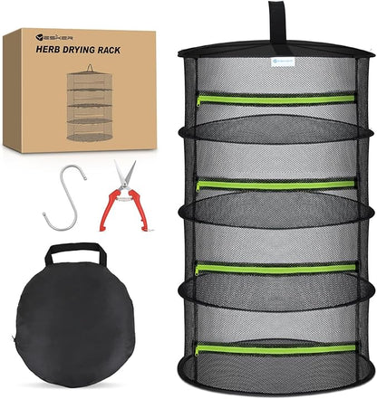 Yesker 4 Layer Herb Drying Rack Hanging Mesh Net Foldable Plant Drying Racks 24" w Green Zipper Pruning Shears Hook Dryer Hanging Rack for Herbs Seed Bud Fruit Clothes Grow Tent Closets Garden Outdoor