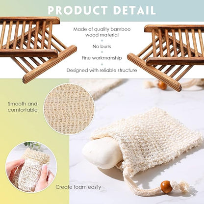 Soap Exfoliating Bag Holder Set Included Bathroom Wooden Soap Dish Pine Wood Soap Holder Tray Natural Bar Soap Pouch Mesh Bath Soap Saver Bag Container (Carbonized Color, 40 Pcs)