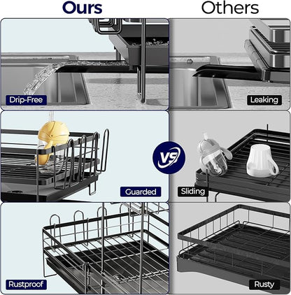 Large Dish Drying Rack, Expandable Dish Rack for Kitchen Counter, Dish Drainer with Drainboard Set, Multifunctional Dishrack with Utensil & Cup Holder, 13.4"-28.7" L x 11.8" W x 9.3" H, Black