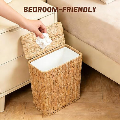 Wicker Trash Can,3 Gallon Bathroom Trash Can with Lid,Natural Water Hyacinth Wicker Waste Basket with Removable Liner, for Bedroom, Toilet, Narrow Spaces