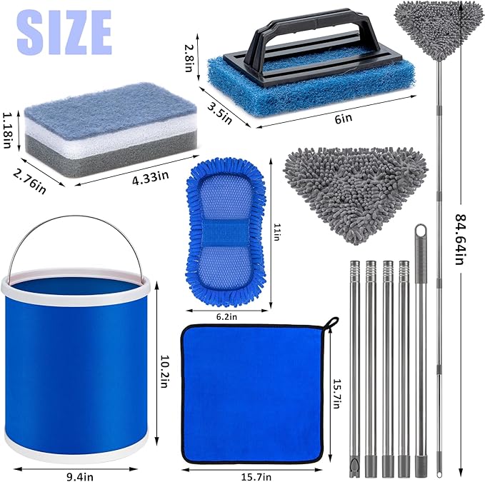 Boat Wash Cleaning Kit with Wet Dry Mop Collapsible Bucket Boat Scrubbing Brush Glove Boat Scuff Sponge Microfiber Towel Complete Interior Exterior Fiberglass Boat Hull Cleaning Set for Boat
