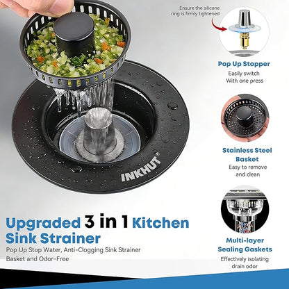 Upgraded 3 in 1 Kitchen Sink Drain Strainer - Stainless Steel Sink Stopper, Anti-Clogging Food Catcher Basket, Sink Bounce Core Drain Strainer Plug for US Standard 3 1/2 inch Drain (Black)