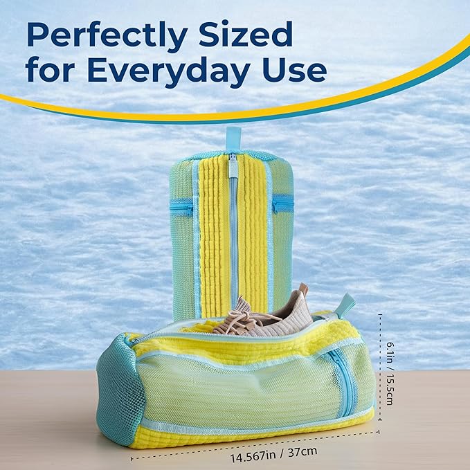 Shoe Washing Machine Bag, 2 Pcs Reusable Laundry Shoe Bag for Washer and Dryer, 360 Deep Cleaning Sneaker Washing Bag with Zipper, Mesh Pockets and Hanging Strip, Fits All Shoe Types & Sizes, Yellow