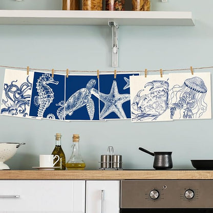 Whaline 6 Pcs Summer Swedish Dishcloths Cotton Kitchen Towels Octopus Seahorse Starfish Turtle Jellyfish Reusable Absorbent Dish Towels for Ocean Birthday Party Housewarming Cleaning, 7 x 8 Inch