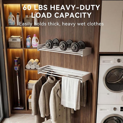 Clothes Drying Rack Wall Mounted - 40" Large Stainless Steel Laundry Drying Rack Collapsible, 60LBS Heavy Duty Retractable Hanger, 5-Rod Tiered Foldable Rack for Indoor
