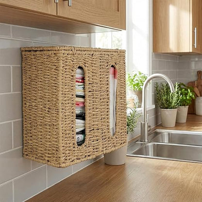 Trash Bag Holder Dispenser, Wall Mount Garbage Bag Storage Organizer Under Sink with Lid, 2 Slot Plastic Bag Holder for Kitchen Cabinet, Bag Container for Grocery Bags, Paper Rope