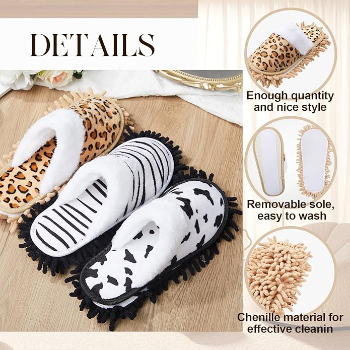 HooLing 6 Pairs Microfiber Dusting Cleaning Mop Slippers - Unisex Shoes With Cow Zebra Leopard Print for Office Home Room (Women 8-10/ Men 7-9)