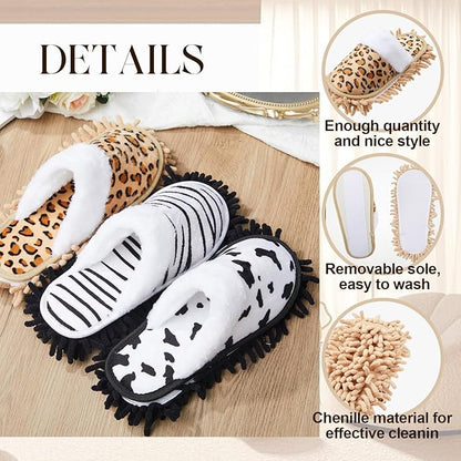 HooLing 6 Pairs Microfiber Dusting Cleaning Mop Slippers - Unisex Shoes With Cow Zebra Leopard Print for Office Home Room (Women 8-10/ Men 7-9)