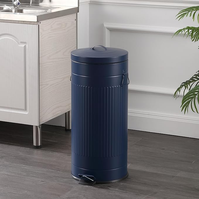 happimess HPM1018D Theo Retro 8-Gallon Step Trash Can with Soft-Close Lid and Free Mini Trash Can for Home, Kitchen, Bathroom, Living Room, Office, Denim Blue