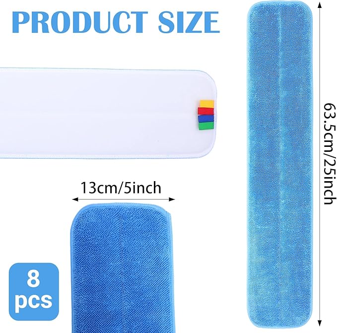 8 Pack Replacement Microfiber Pad, Cleaning Refills, Reusable Mop Refills for Flat Mop System, 25" x 5" Machine Washable Pads for Hardwood & Hard Floors