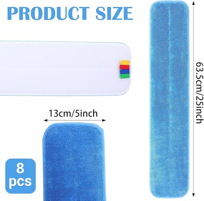 8 Pack Replacement Microfiber Pad, Cleaning Refills, Reusable Mop Refills for Flat Mop System, 25" x 5" Machine Washable Pads for Hardwood & Hard Floors