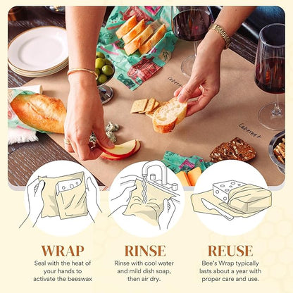 Bee's Wrap Beeswax Wraps for Food - 3 Pack of Assorted Beeswax Wraps - Small, Medium & Large Wrap - Plastic Free Made in USA Reusable Natural Food Wrap - Season's Greetings Print