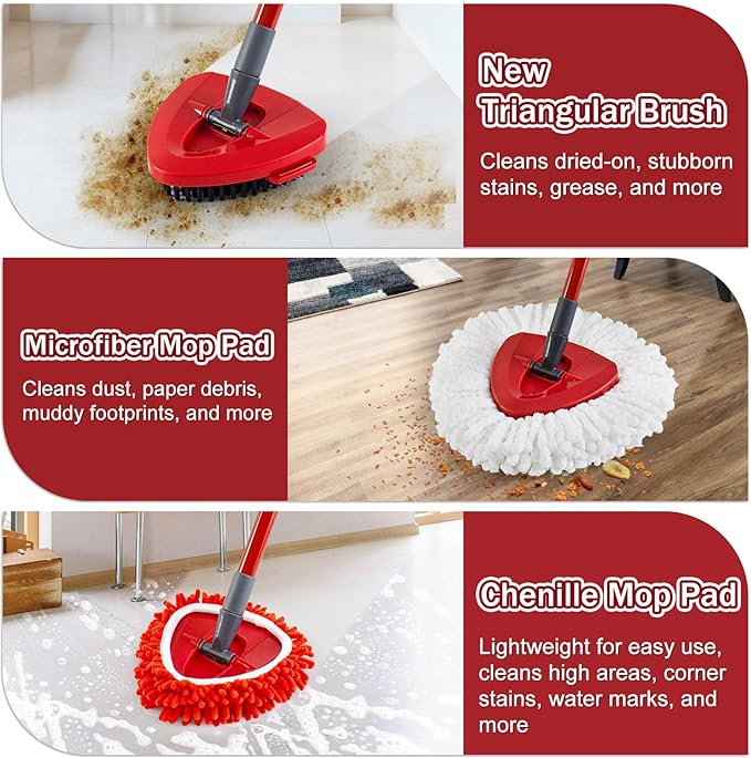 Mop Head Replacements Compatible with OCedar EasyWring, 6 Packs Mops Heads with 1PCS Scrub Brush and 1PCS Spin Mop Base, Dry and Wet for Hard-Surfaced Floors