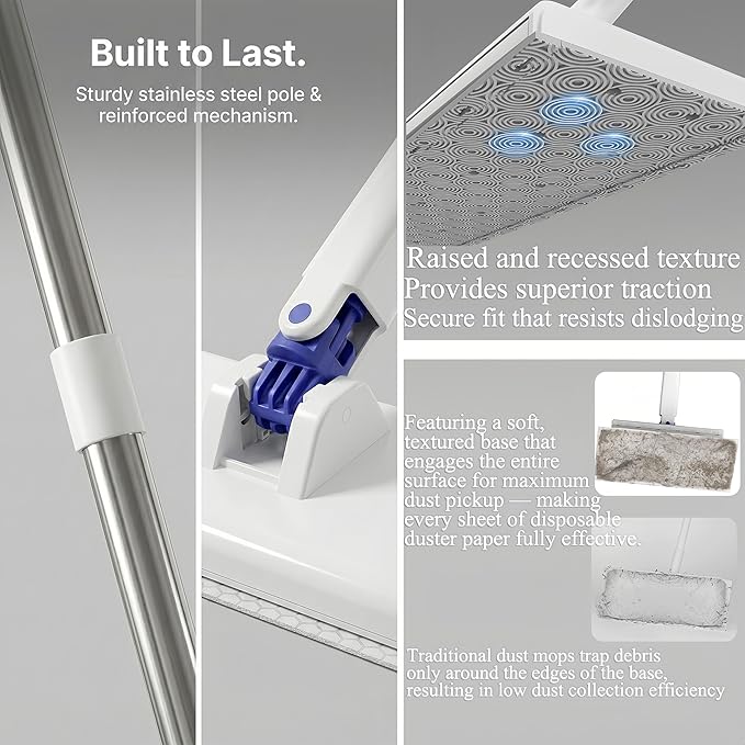 RIGONE Snap Grip Mop, 49" Hands Free Floor Cleaner, Cloth Changing Flat Mop, Zero Touch 35-Piece Kit with 30 Dry Wipes & 3 Reusable Cloths, Universal Dust Sweeper for Wall Window Hardwood