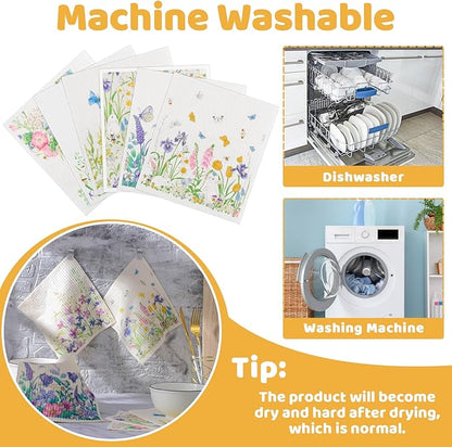 Needbrock 6 Pack Spring Floral Swedish Dishcloths for Kitchen, Absorbent Dish Cloths Swedish Rags Dish Towels with Adhesive Clips, Reusable Paper Towels No Odor for Cleaning Sink Kitchen