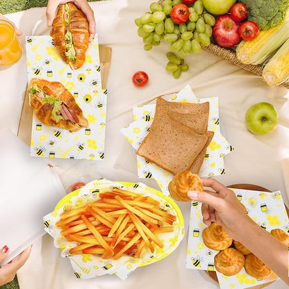 GeeRic 100 Pcs Wax Paper Sheets for Food, 7 * 7 Inch Bee Day Wax Paper Sandwich Wrap Deli Wraps, Oil-Proof Picnic Basket Liners with Bee Pattern for Memorial Day