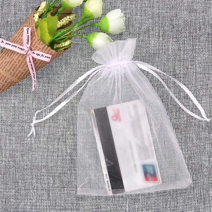 100 Pcs 5x7 inch Gift Wrap Bags, Organza Sheer Clear Tulle Fabric, White Drawstring Sachet for Baby Shower Favor, Birthday Party Favor, Bachelorette Party, Girls Graduation,Small Votive Candles,Marble