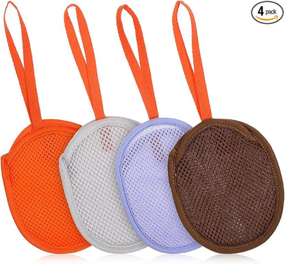 4 Pcs Mesh Soap Bag, Exfoliating Soap Pouch, Soaps Loofah Pouch for Women and Men, Bar Soaps Scrubber Pouches for Shower Bathing Accessories (Gray, Purple, Orange, Coffee)