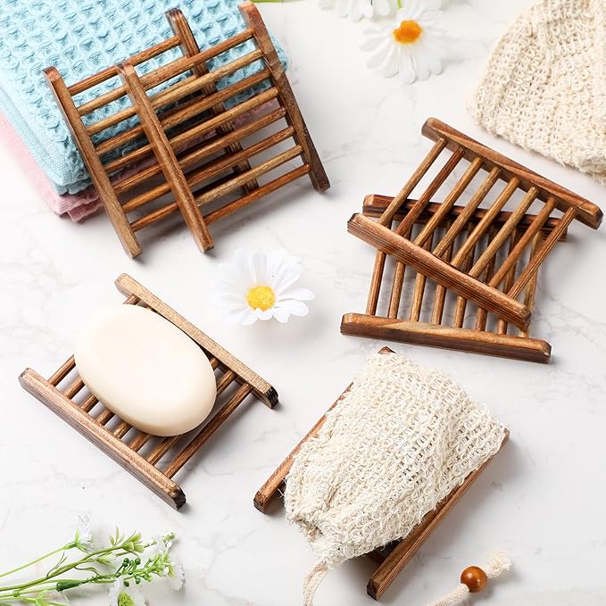 Soap Exfoliating Bag Holder Set Included Bathroom Wooden Soap Dish Pine Wood Soap Holder Tray Natural Bar Soap Pouch Mesh Bath Soap Saver Bag Container (Carbonized Color, 40 Pcs)