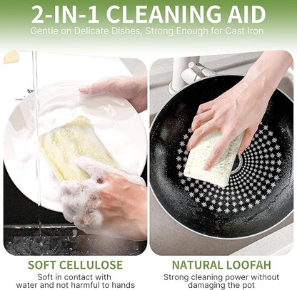 6 Pack Natural Loofah Sponges for Dishes, Loofah Kitchen Sponges with Cellulose & Cotton Loop, Natural Sponges for Dishes & Kitchen Cleaning