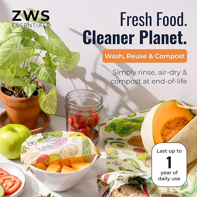 Beeswax Wraps, Reusable Cotton Food Storage Set for Kitchen, Lunch, Bread, Snacks, Bowls. Eco-Friendly Plastic-Free Alternative. 3-Pack Assorted - Veggies by Zero Waste Store