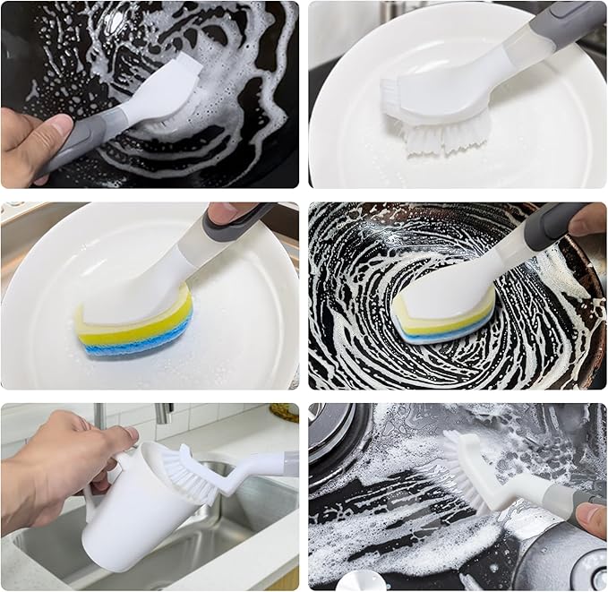 REEWII Dish Brush with soap Dispenser，4 PCS Replacement Brush Refills dishwashing Brush Set for Kitchen Utensils, Pans, Sinks, cookware