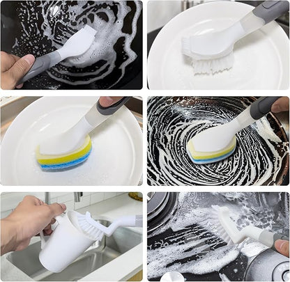 REEWII Dish Brush with soap Dispenser，4 PCS Replacement Brush Refills dishwashing Brush Set for Kitchen Utensils, Pans, Sinks, cookware