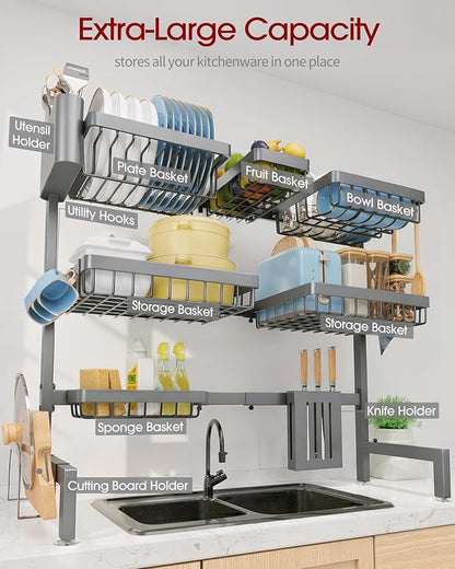 Sakugi Dish Drying Rack - Over The Sink Dish Drainer Drying Rack with Utensil & Knife Holder, Hooks, Stainless Steel Kitchen Organizers and Storage Solution, 11.8" D x 31.5"~39.0''W x 30" H, Gray