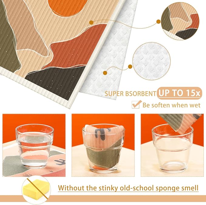 Cunhill 6 Pcs Swedish Kitchen Dish Cloths Kitchen Towels Reusable Sponge Cleaning Cloths Wipes Absorbent Dish Cloth Quick Drying Washable Decorative Tea Towels No Odor Bar Hand Towel (Abstract Art)