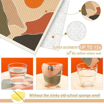 Cunhill 6 Pcs Swedish Kitchen Dish Cloths Kitchen Towels Reusable Sponge Cleaning Cloths Wipes Absorbent Dish Cloth Quick Drying Washable Decorative Tea Towels No Odor Bar Hand Towel (Abstract Art)