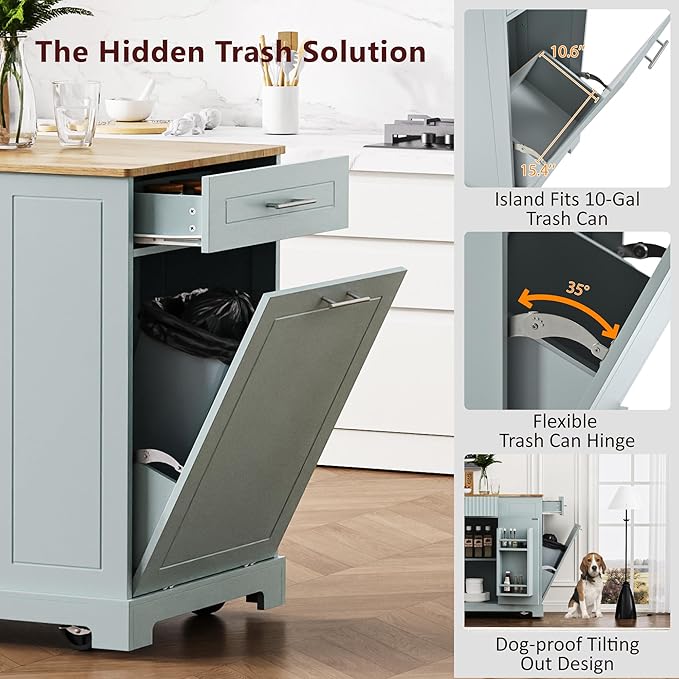 48.5" Kitchen Island with Trash Can Storage Cabinet, Power Outlet, Internal Storage Rack, Rolling Kitchen Islands Cart on 5 Wheels with 3 Drawers, 3 Open Side Racks, Grey Blue